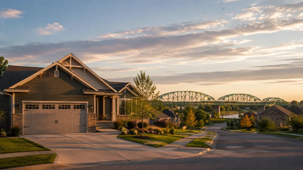 Grand Forks neighborhood street at golden hour: a two-car garage in the foreground, the green truss spans of the Sorlie Memorial Bridge in the distance