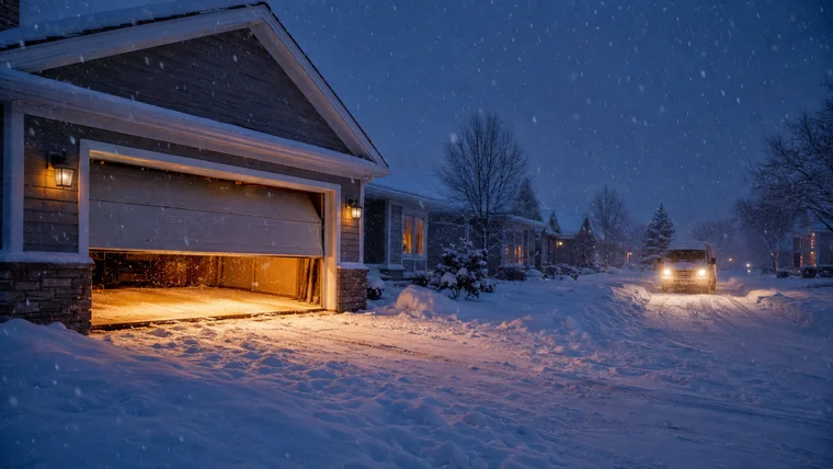 Service van headlights approaching a house with its garage door stuck half-open in falling snow at dusk